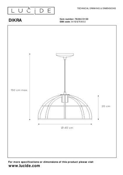 Lucide DIKRA - Suspension - Ø 40 cm - 1xE27 - Noir - technique